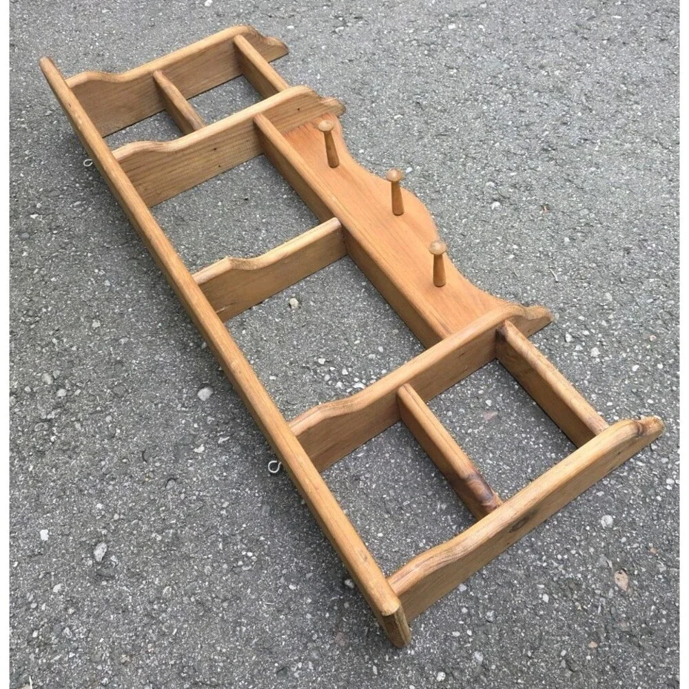 Vintage Wooden Wall Shelf Coat Rack Pegs Spice Display Country Farmhouse Rustic